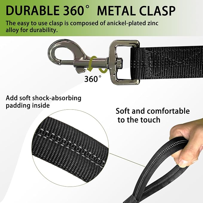 FOVRLZSE Reflective Bungee Dog Leash(Black) - 4FT to 5FT Adjustable Shock Absorbing Leash with Double Padded Handle & 360° No Tangle Metal Clasp for Small Medium Large Dogs