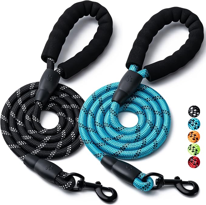 2 Pack Dog Leash, 4/5//6 FT Heavy Duty Nylon Rope Pet Leashes with Comfortable Padded Handle, Reflective Dog Leashes for Small Medium and Large Dogs (5FT-3/8,Black/Blue)