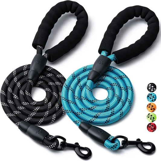 2 Pack Dog Leash, 4/5//6 FT Heavy Duty Nylon Rope Pet Leashes with Comfortable Padded Handle, Reflective Dog Leashes for Small Medium and Large Dogs (4FT-3/8,Black/Blue)