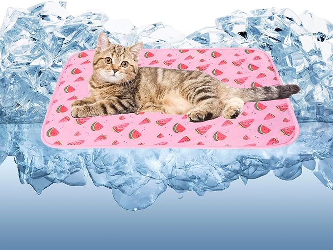 DELIFUR Cat Cooling Mat- Pet Cooling Mat Outdoor for Dogs Ice Pad for Kitten Cat Puppy Machine Washable (Small, Pink Watermelon)