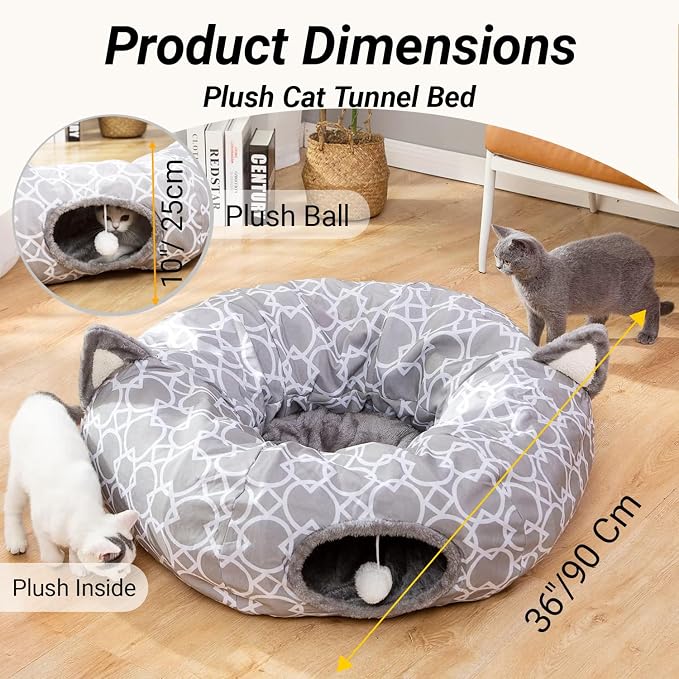 Geometric Cat Tunnel Bed Under Christmas Tree Oxford Outside with Plush Inside,Cats Toys Collapsible Tunnel Tube with Balls, for Rabbits, Kittens, Ferrets,Puppy 3FT