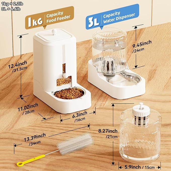 JUNSPOW Automatic Cat Feeder Dog Water Bowl Dispenser Set with Stainless Steel Bowl, Adjustable Food Dispensing & Keep Food Dry, Auto Pet Feeder and Waterer for Cats and Dogs