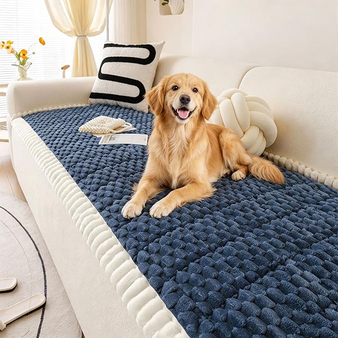 OTOB All Seasons Couch Covers for 3 Cushion Sofa Pet Friendly, Non Slip Plush Fuzzy Sofa Covers Washable, Soft Cozy Sofa Slipcovers Dog Bed Mat Furniture Protector (Blue, 27.6" x 82.7")