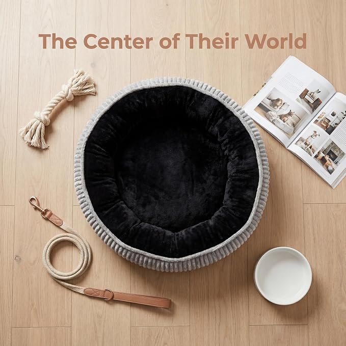 Calming Dog Bed for Small Dogs 18"x20" - Washable Donut Pet Bed with Anti-Slip Bottom, Soft Puppy Bed for Indoor Kittens and Cats with Removable Cover (Black)