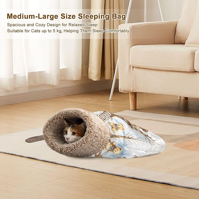 Upgraded Self-Heating Cat Sleeping Bag, 360° Cozy Plush Snuggle Cave for Indoor Cats & Small Dogs, Semi-Enclosed Anxiety Relief Bed with Fleece Lining (19’’x23’’, Christmas Snow Treehouse)