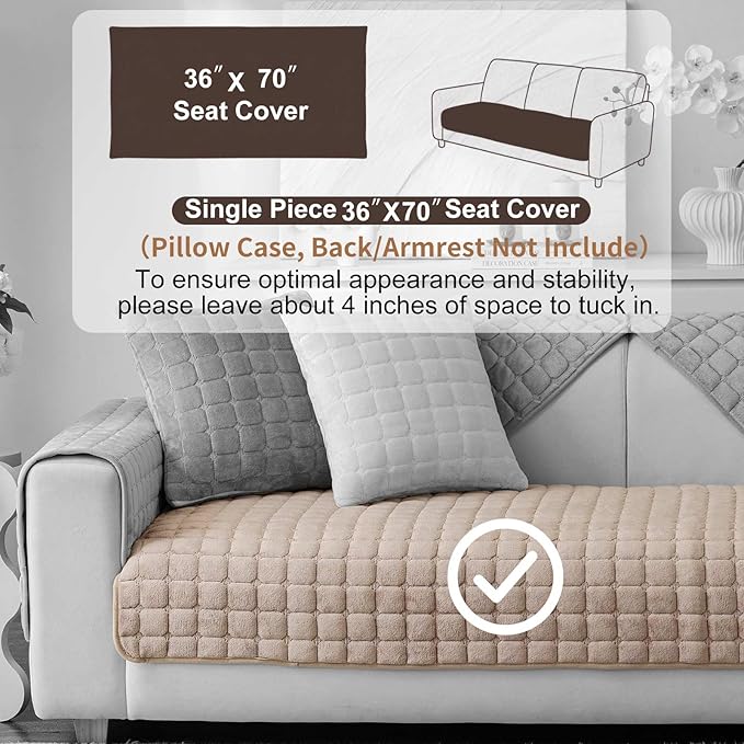 Velvet Washable Couch Cover for Pets Dogs, Non Slip Sectional Sofa Covers for 3 Cushion Couch Sofa L Sharped Sofa Slipcovers, Furniture Protector (1 PCS 36"x70", Khaki)