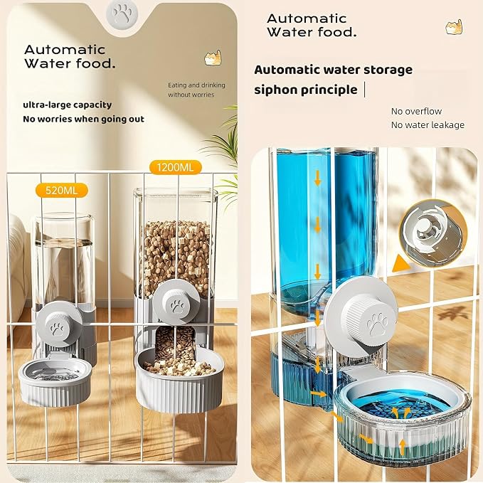 GPY Automatic Hanging Gravity Pet Feeder and Water Dispenser Set ，Automatic Rabbit Feeder and Dog Water Dispenser for Dogs Cats Pets Animals Large Capacity (Blue Water Feeder&Food Feeder) (Grey)