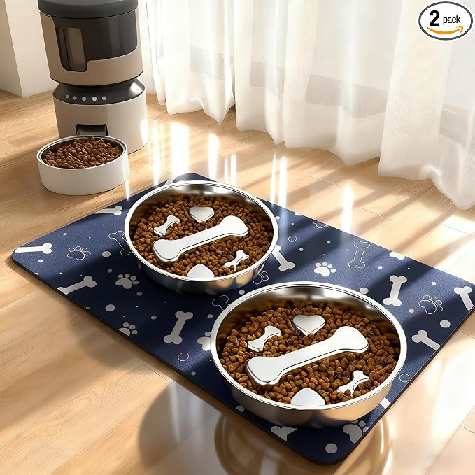 Stainless Steel Slow Feeder Dog Bowls with Pet Feeding Mat,2 Pcs Slow Food Bowl for Dog & Cat - 2 Cups Capacity,with Absorbent Pet Placemat,Puzzle Maze Dish for Small & Medium Sized Breeds