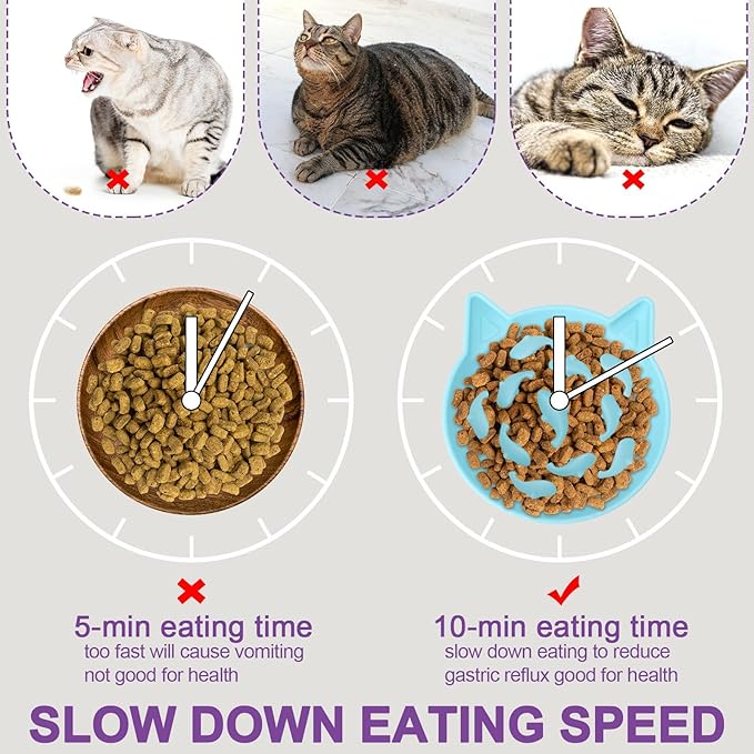 Silicone Cat Slow Feeder, Elevated Slow Feeder Bowl Tilt Design, Suitable for Dry and Wet Food, Adjustable Angle, Cat Food Puzzle with Suction Cup(Blue)