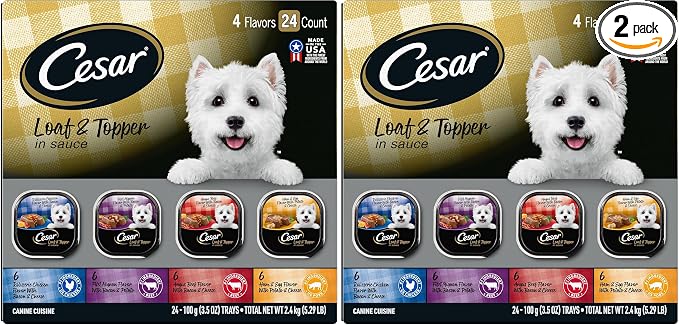 Cesar Loaf in Sauce Wet Dog Food Rotisserie Chicken,Filet Mignon,Angus Beef,and Ham & Egg Flavors Variety Pack,Wet Food for Dogs,3.5 oz Easy Peel Trays,24 Count (Pack of 2)