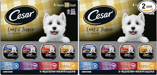 Cesar Loaf in Sauce Wet Dog Food Rotisserie Chicken,Filet Mignon,Angus Beef,and Ham & Egg Flavors Variety Pack,Wet Food for Dogs,3.5 oz Easy Peel Trays,24 Count (Pack of 2)