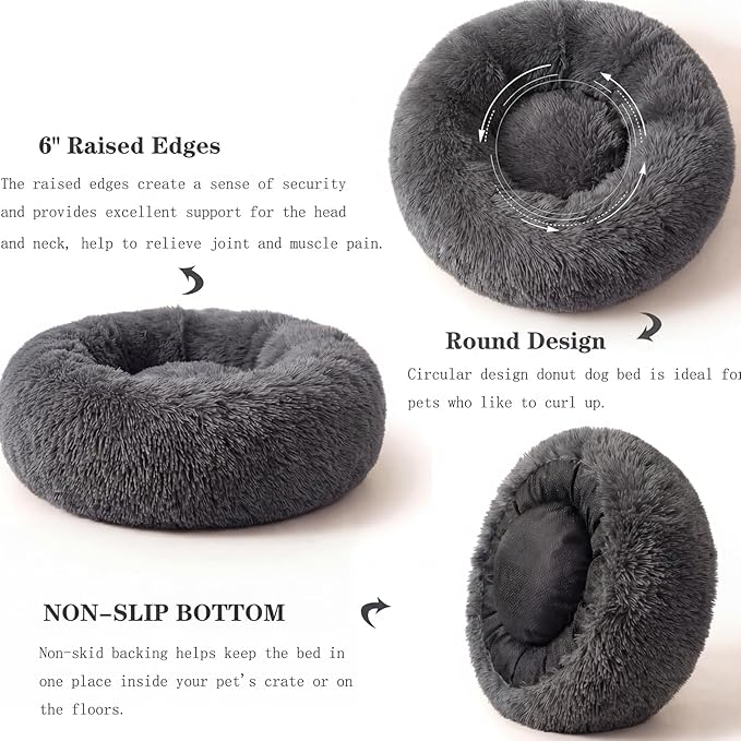 Calming Donut Dogs Beds for Small Dogs Washable,23inch Plush Round Pet Bed for Cozy Sleep,Fluffy Faux Fur Large Cat Bed,Fits up to 25 lbs Pets,Dark Grey