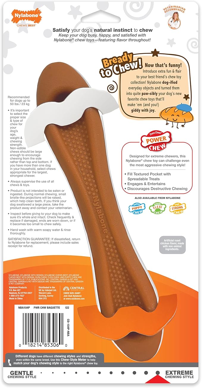 Nylabone Baguette Power Chew Toy for Dogs, Dog Toys for Aggressive Chewers, Roast Chicken Flavor, Large Dogs - Up to 50 lbs, 1 Count