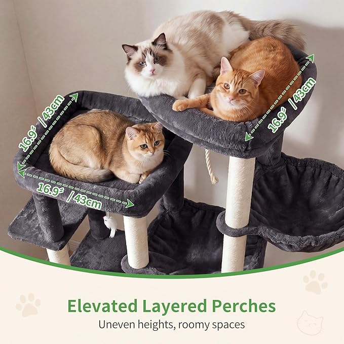 Heybly Cat Tree, 69.7 inches Secure Anti-Tip Cat Tower for Large Cats, Expansive Cat Furniture with Dual-Tier Cat Condo Villa, 2 Top Perches, Hammock & Full Sisal Scratching Posts, Smoky Gray HCT065G