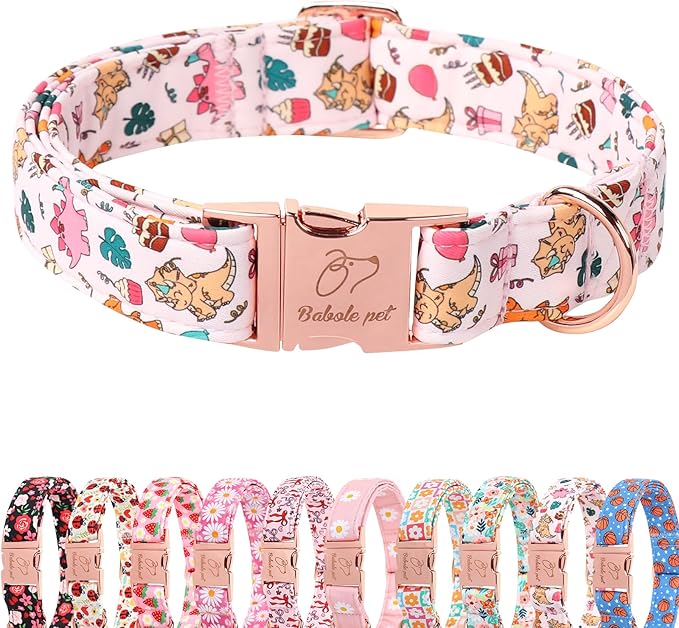 Cute Dinosaur Dog Collar - Adjustable Cartoon Girl Dog Collars for Small Dogs, Heavy Duty Metal Buckle Pet Collar, Pink Dino, S