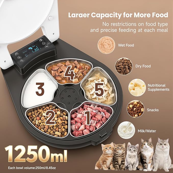 Automatic Cat Feeder Wet Food, Semiconductor Cooling & Heating, 5 Fresh Meals Timed Cat Feeder for 3 Days with Stainless Steel Bowl, Easy to Clean, Programmable Wet Food Dispenser for Cat Dog