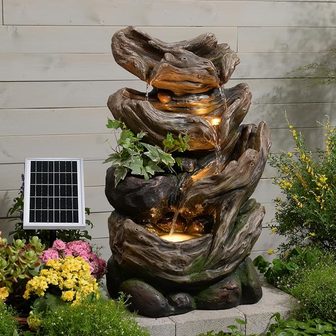 4-Tier Solar Water Fountain Outdoor Cascading Realistic Tree Trunk Waterfall Outdoor Fountains for Garden, Patio, Backyard, Deck, Porch, 25.2" H x 14.56" L x 10.24" W