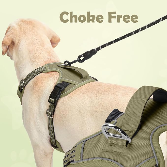 Funfox Dog Harness No Pull, Adjustable Pet Vest Harness, Super Soft Material with Vertical Handle Easy Control, Reflective Night Walking, 2 Leash Clips for Medium Sized Dogs, Army Green, M