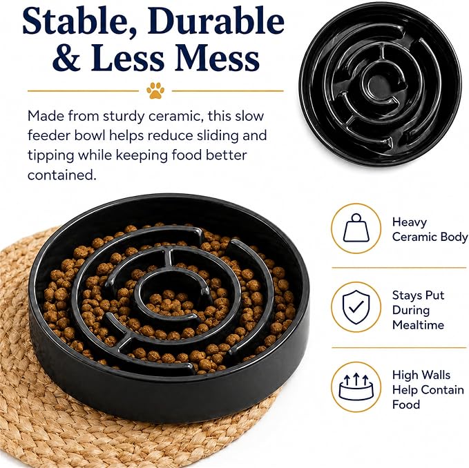 Slow Feeder Dog Bowls, Silicone Dog Bowl with Anti-Slip, Slow Feeder & Non-Slip Design, Boredom and Anxiety Reducer, Suitable for All Breed Dogs and Cat (Ceramic-Black)