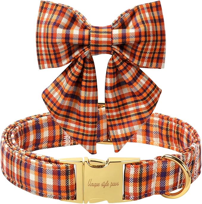 Unique style paws Cartoon Dog Collar with Bowtie Autumn Halloween Plaid Puppy Collar with Colorful Orange Grid for Small Medium Large Boys Girls Dogs
