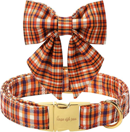 Unique style paws Cartoon Dog Collar with Bowtie Autumn Halloween Plaid Puppy Collar with Colorful Orange Grid for Small Medium Large Boys Girls Dogs