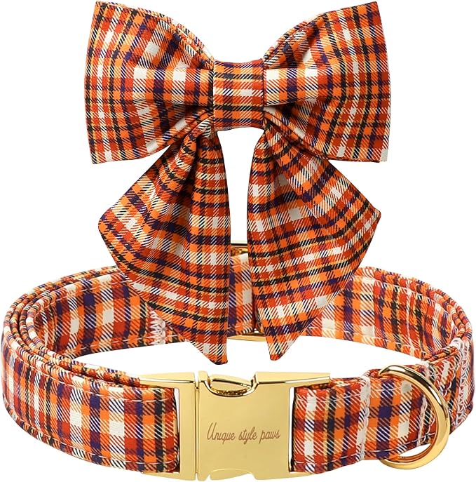 Unique style paws Cartoon Dog Collar with Bowtie Autumn Halloween Plaid Puppy Collar with Colorful Orange Grid for Small Medium Large Boys Girls Dogs