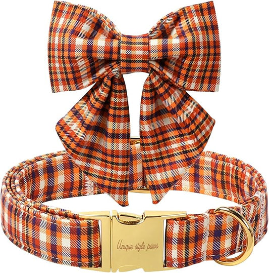 Unique style paws Cartoon Dog Collar with Bowtie Autumn Halloween Plaid Puppy Collar with Colorful Orange Grid for Small Medium Large Boys Girls Dogs