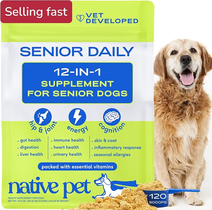 Native Pet Senior Daily Dog Vitamins & Supplements – 12-in-1 Dog Multivitamin Powder for Senior Dogs – Supports Mobility, Cognition, Digestion, Immune Health & More – 120 Scoops