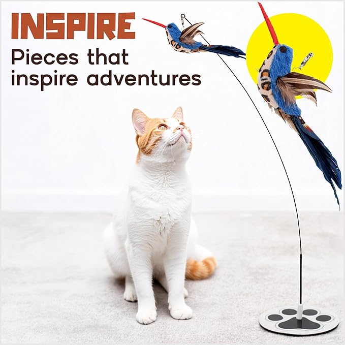Interactive Cat Toys for Indoor Cats - 5 Replacement Feathers with Bells - Teaser Wand Toy - Self Play Bird Simulation - Bored Adult Feline Hunting Solo Chaser Activity - Kitten Juguetes para Gatos