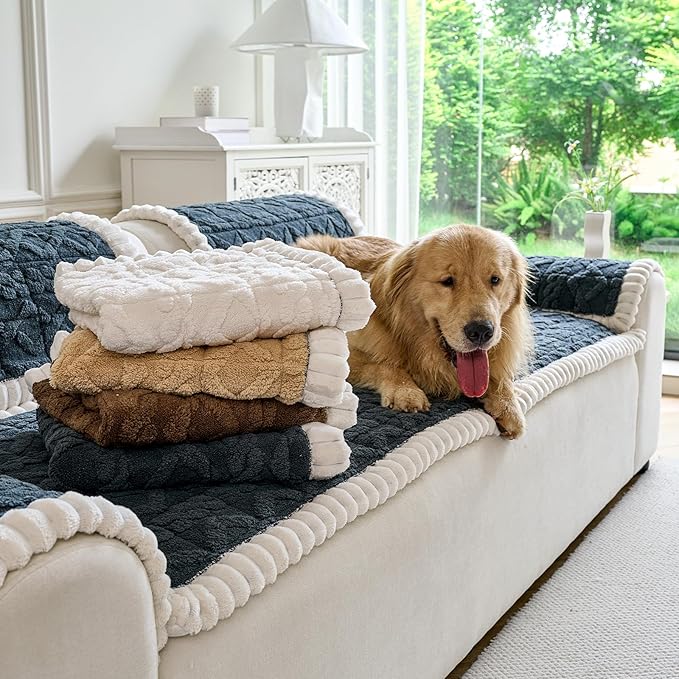 Fuzzy Couch Covers for Dogs, Non Slip Thick Dog Couch Cover Protector, Plush Pet Couch Covers for Sofa Washable, Soft Sofa Cushion Slipcovers Pet Friendly(1PC, Dark Grey, 27.6”x94.5”)