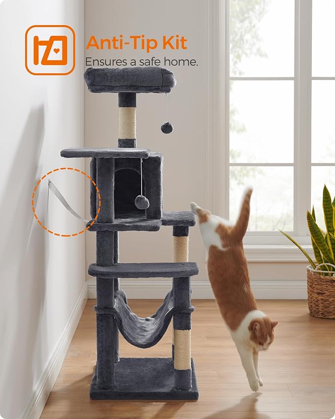 Feandrea Cat Tree, 54.2-Inch Cat Tower, Plush Multi-Level Condo with 4 Scratching Posts, 2 Perches, Hammock, Cave, Smoky Gray UPCT161G01