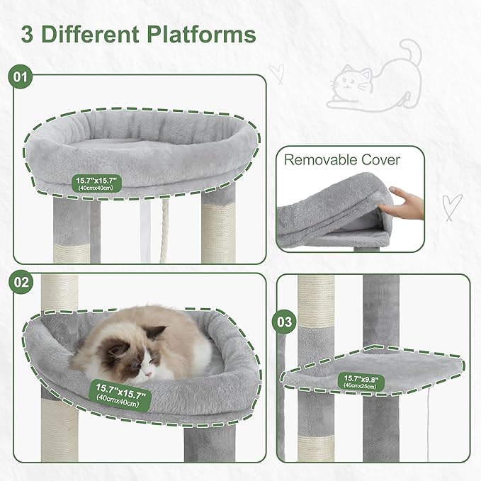 Gitelsnour Sturdy Cat Tree with 3 Large Cat Condos, 3 Platfroms, 71.7'' Cat Tree Tower for Indoor Cats Large Adult, Heavy Duty Cat Tower with 10 Scratching Posts for 20 lbs+Cats, Light Gray GCT036W