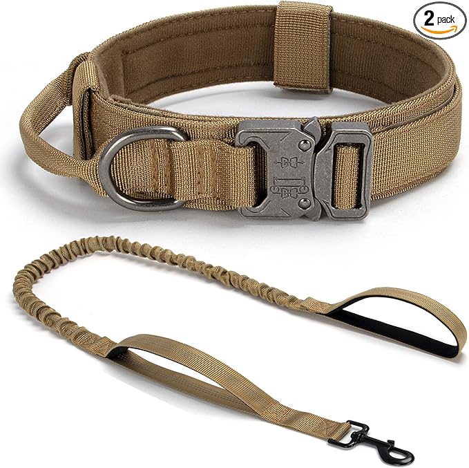 Tactical Dog Collar Set, Adjustable Military Training Nylon Dog Collar with Control Handle and Heavy Quick-Release Metal Buckle for Small Medium Large Dogs, Brown Set M