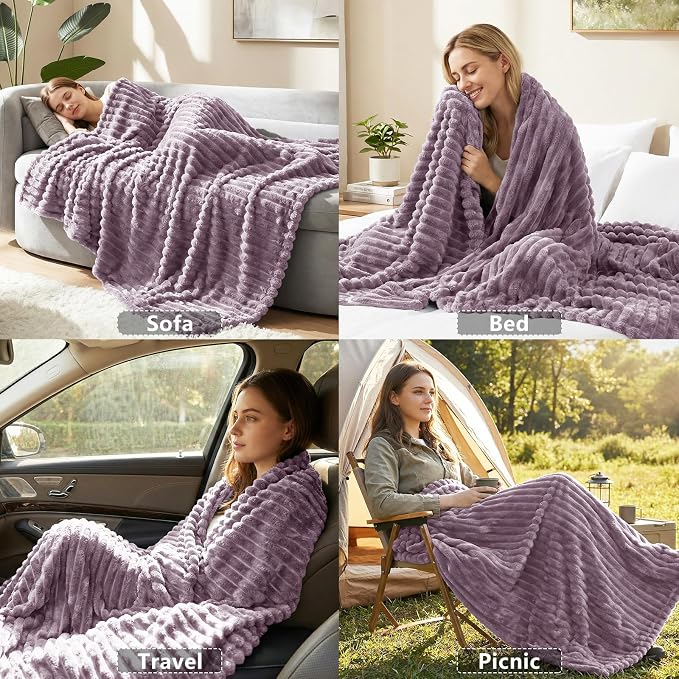 HIMEET Fleece Dusty Purple Throw Blanket for Bed - 300GSM Ribbed Soft Cozy Blanket for Bed, Graduation Birthday Gifts for Women Men, College Dorm Essentials Minimalist Room Throws, 50x60 Inches