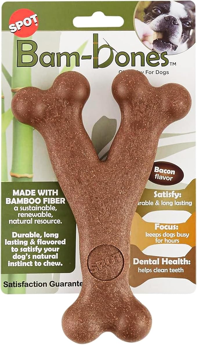 SPOT Bam-Bones Wishbone Dog Chew Toy, Bamboo Fiber Blend, Non-Splintering Durable Chew for Light to Moderate Chewers, Adult Dogs & Teething Puppies 25–50 lbs, Bacon Flavor, 7 in
