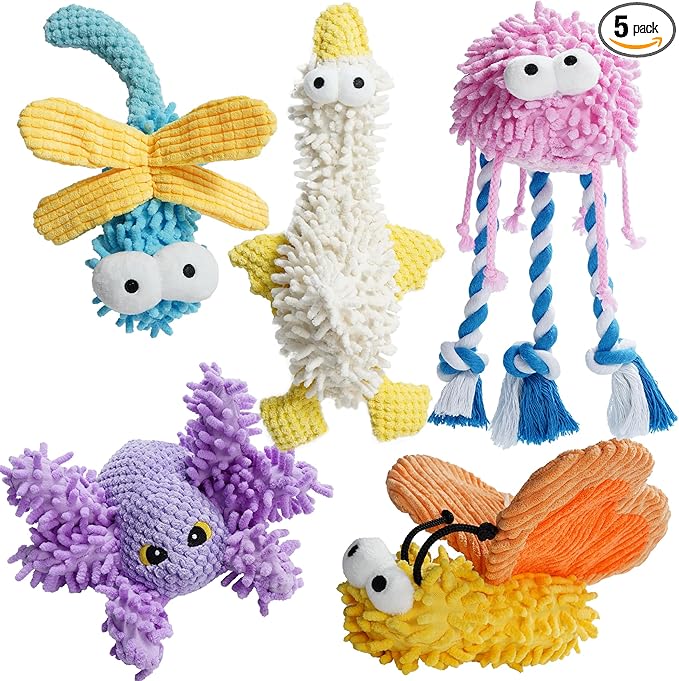 Nocciola 5 Packs Squeaky Dog Toy Plushies, Cute Soft Squeak Crinkle Plush Stuffed Durable Pet Animal Chew Puppy Toys for Small Meidum Large Breed