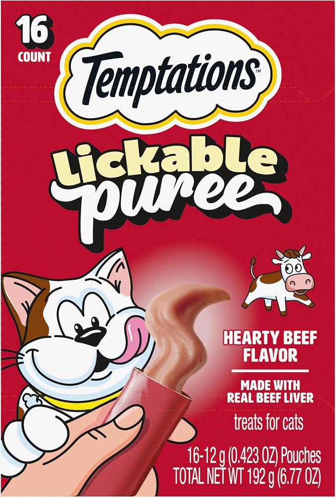 Temptations Creamy Puree Squeezable Lickable Cat Treats, Wet Cat Treats with Beef Liver, 0.42 oz. Tubes, 16 Count