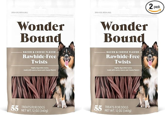 Amazon Brand - Wonder Bound Bacon & Cheese Flavor Dog Twist Sticks - 55 Count - Rawhide-Free Dog Treats, Dental Health Chews for Plaque & Tartar Control, Easy to Digest, Long-Lasting (Pack of 2)