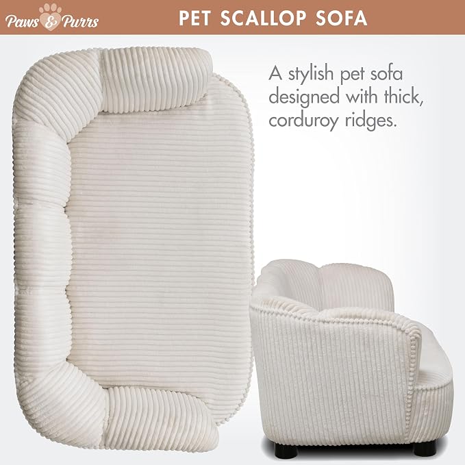 Paws & Purrs Retro Scalloped Back Sofa Style Pet Bed, Dog & Cat Couch with Tufted Cushion & Armrest, Stylish Indoor Pet Furniture, Cream