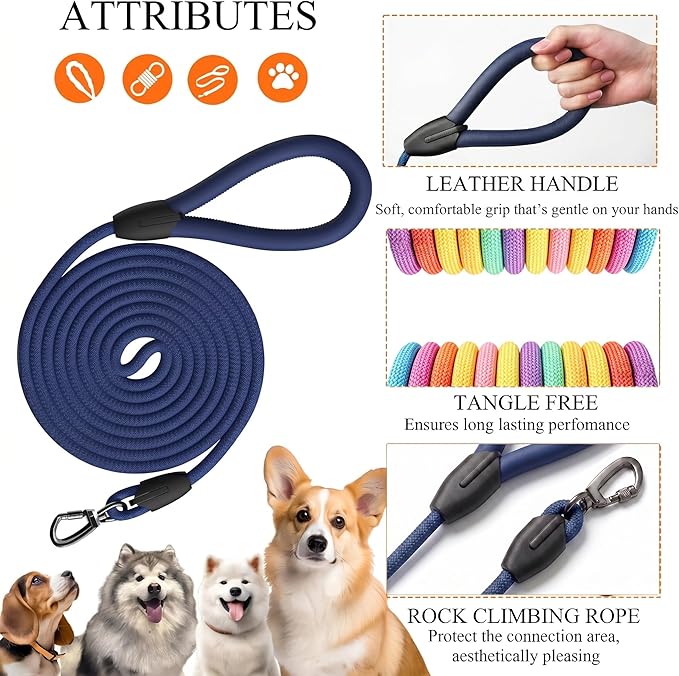 Rope Dog Leash, 6 Feet Leash for Small Dogs, Comfortable Leather Handle, Puppy Lead, Resistant to Dirt and Bite, Strong Nylon Pet Lead for Small, Medium, Large Dogs(Navy Blue, 6 Feet)