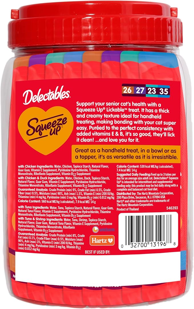 Delectables Squeeze Up Senior 10+ Variety Pack, Creamy Squeezable Puree, Lickable Wet Cat Treats, Grain Free, 0.5 Ounces Tube, 48 Tubes Total