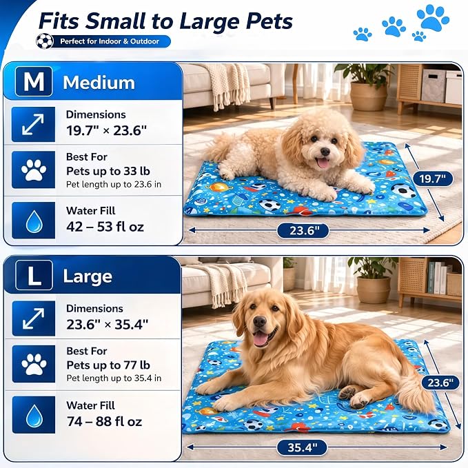 Dog Cooling Mat, Water-Activated Gel Ice Pad for Dogs&Cats, Self-Cooling Mat Soccer Fan Dog Gifts, Waterproof Wipe-Clean, Soccer-Themed Summer Beds for Outdoor&Indoor Medium/Small Pets