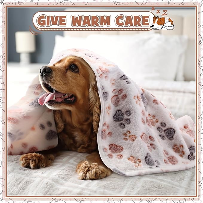 Tegeme 12 Pcs Pet Blankets 30 x 20 Inch Soft Fluffy Fleece Dog Cat Warm Paw Print Pattern Blankets Flannel Throw for Pets Dog Puppy Cat(Dark Gray, White, Camel)