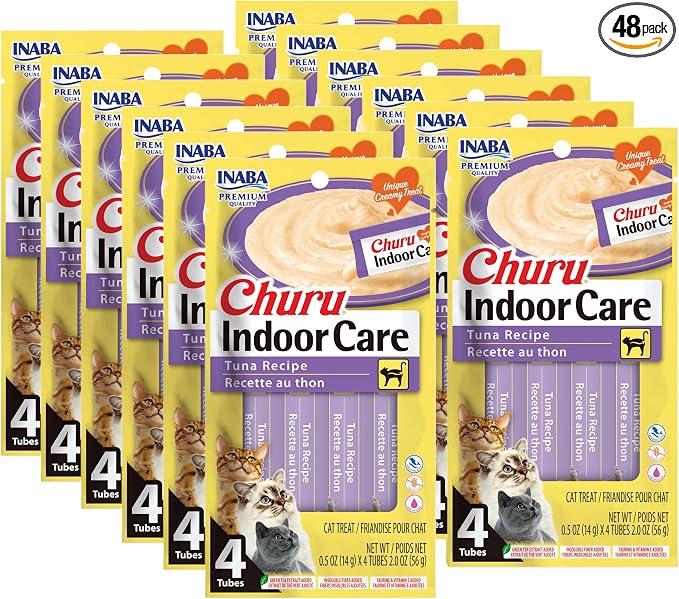 INABA Churu for Cats, Functional, Creamy Lickable Purée Cat Treat for Indoor Care and Hairball Control with Taurine & Vitamin E, 0.5 Ounces Each, 48 Tubes (4 per Pack), Tuna Recipe