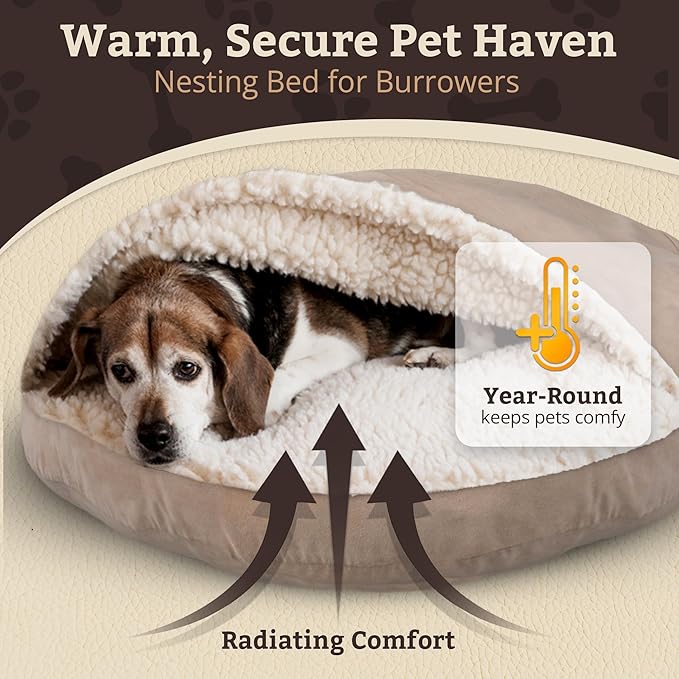 Snoozer Cozy Cave Dog Bed - Indoor Dog Bed with Cover Cave, Covered Calming Burrow for Medium & Large Sized Pets with Blanket Attached, Enclosed, Removable Washable Cover - XL, Buckskin