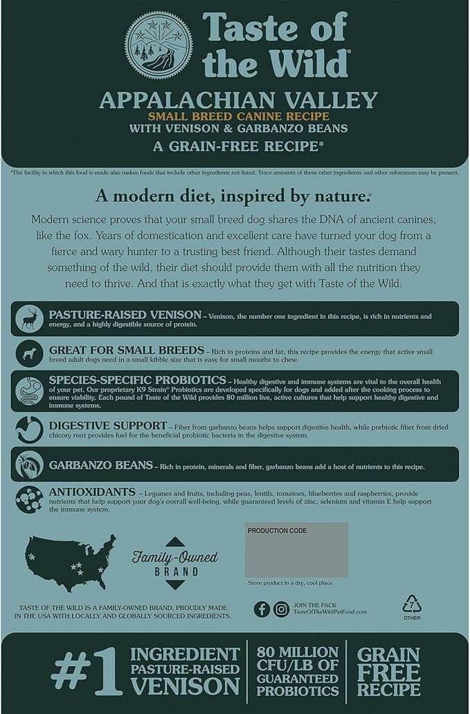 Taste of the Wild Appalachian Valley Adult Small Breed High Protein Grain-Free Recipe with Venison & Garbanzo Beans Dry Dog Food 14lb