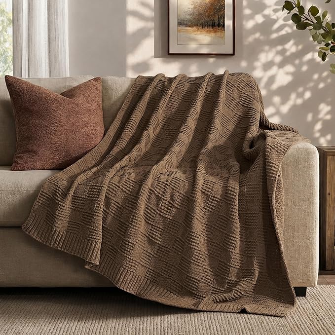 EVERGRACEHOME Modern Checkered Chenille Throw Blanket, Soft Cozy Plaid Knitted Blanket for Sofa & Couch, Decorative Knit Throw for Bed and Living Room, Camel Brown, 60" x 80"