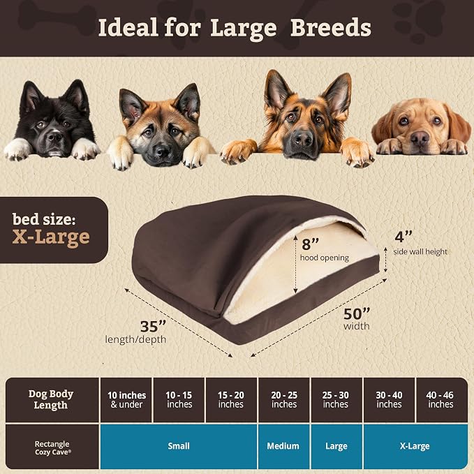 Snoozer Rectangle Cozy Cave Dog Bed - Indoor Dog Bed with Cover Cave, Covered Calming Burrow for Large Sized Pets with Blanket Attached, Enclosed, Washable Cover - XL, Hot Fudge