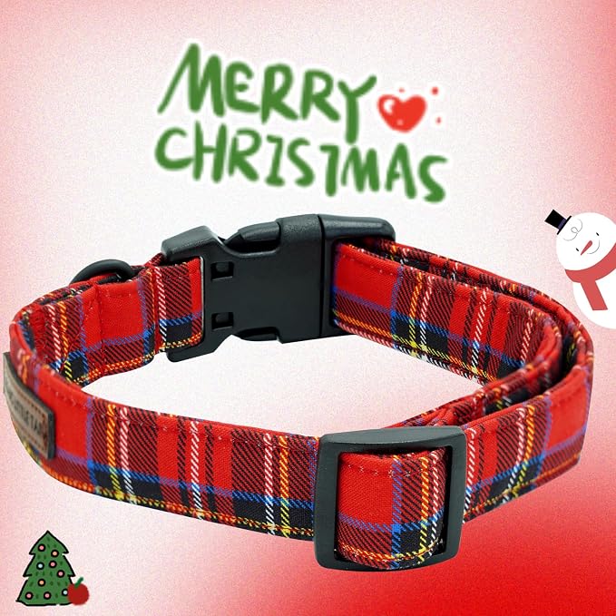 Elegant little tail Christmas Dog Collar, Red Plaid Pet Collar Cotton Soft Plastic Buckle Sturdy Puppy Collars Holiday Female or Male Adjustable Collar for Large Dogs