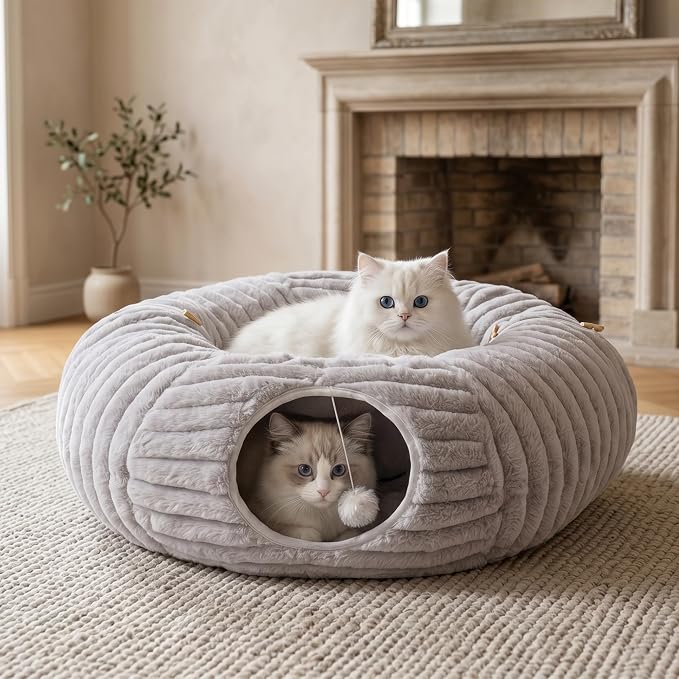 Cat Tunnel Bed Cave - Soft Washable Cushion for Indoor Cats, Peekaboo Hideaway Cave for Indoor Cats, Kittens, Puppies, Rabbits, Luxurious Striped Hare-Feel Fabric, Tunnels for Indoor Cats Large(Grey)